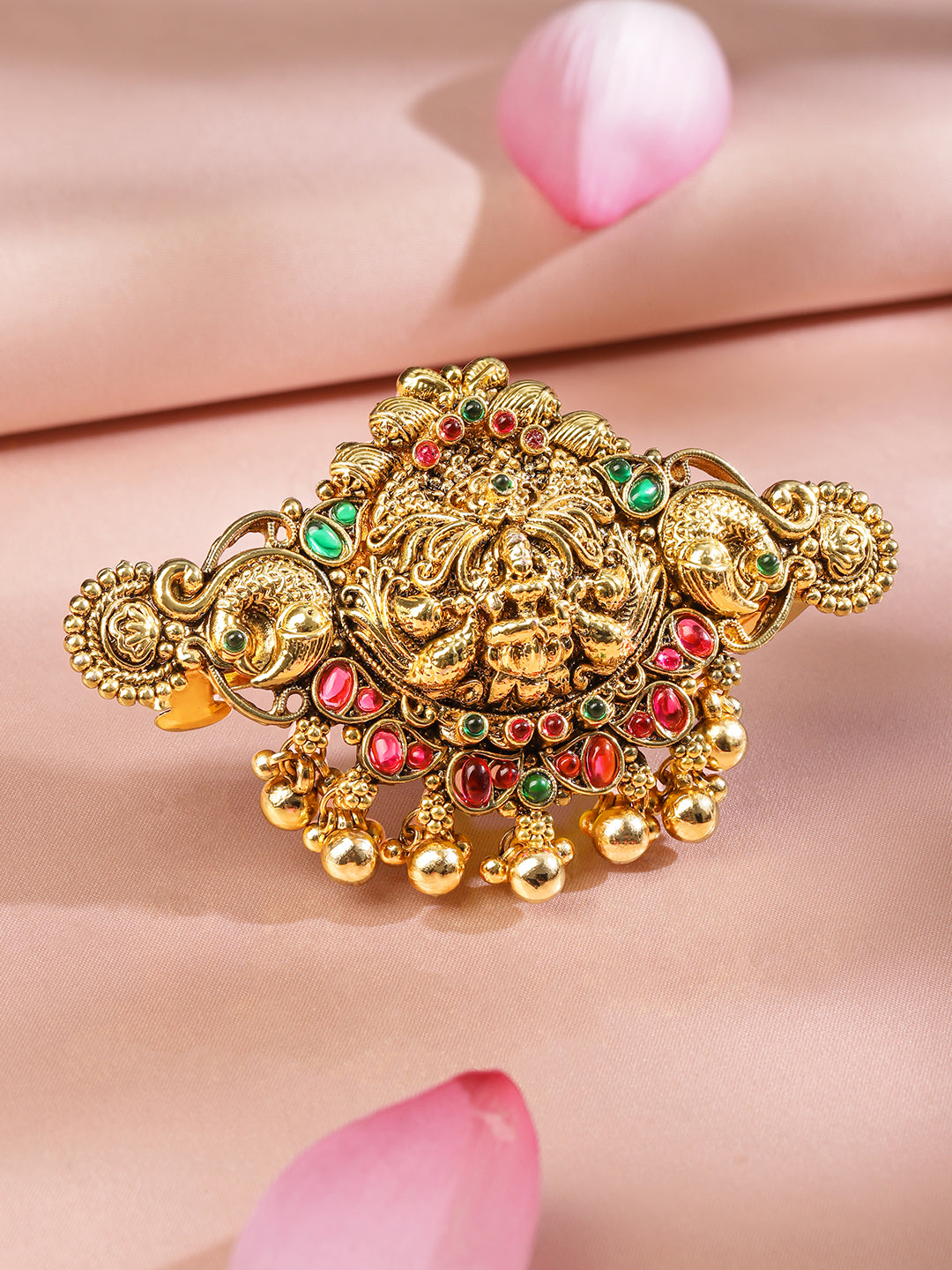 Rubans 22K Gold-Plated Ruby Pink & Emerald Green Stone Studded Goddess Lakshmi Temple Hair Clip with Hanging Beads フリーサイズ