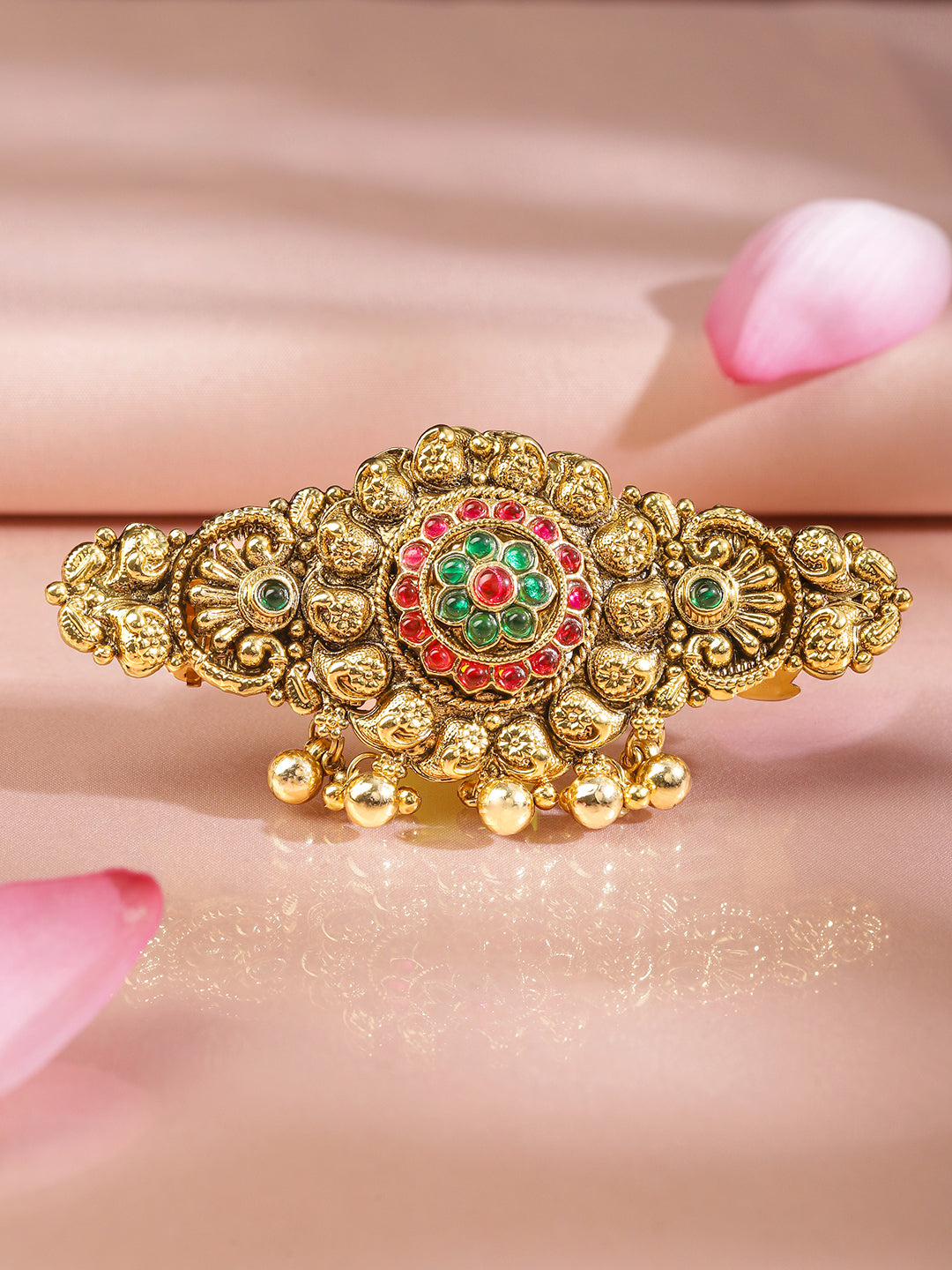 Rubans 22K Gold-Plated Ruby Pink & Emerald Green Stone Studded Floral Temple Hair Clip with Hanging Beads フリーサイズ