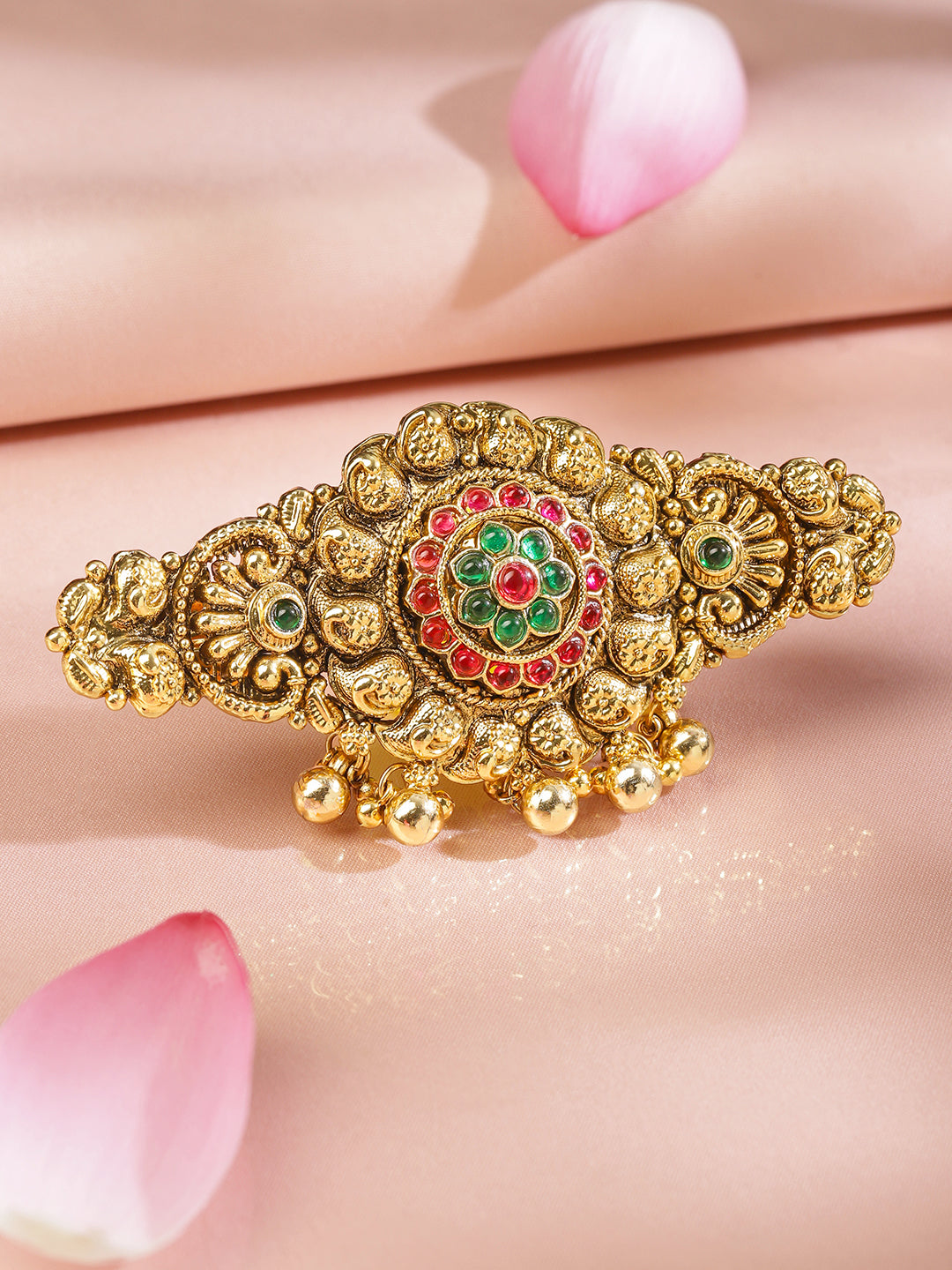 Rubans 22K Gold-Plated Ruby Pink & Emerald Green Stone Studded Floral Temple Hair Clip with Hanging Beads フリーサイズ