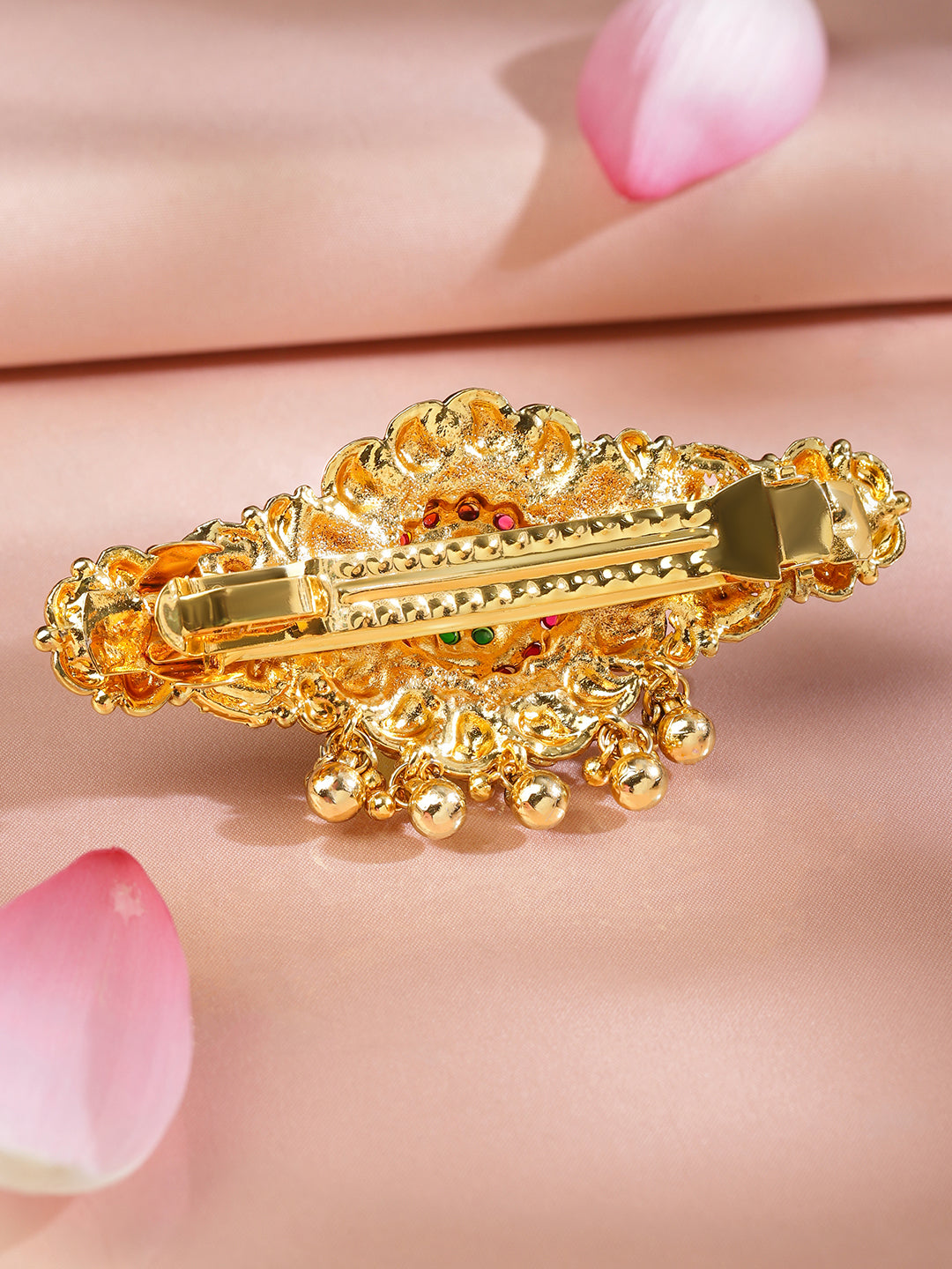 Rubans 22K Gold-Plated Ruby Pink & Emerald Green Stone Studded Floral Temple Hair Clip with Hanging Beads フリーサイズ