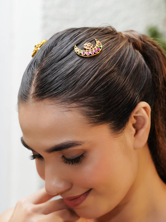 Pink & White Studded Gold Toned Hair Brooch フリーサイズ