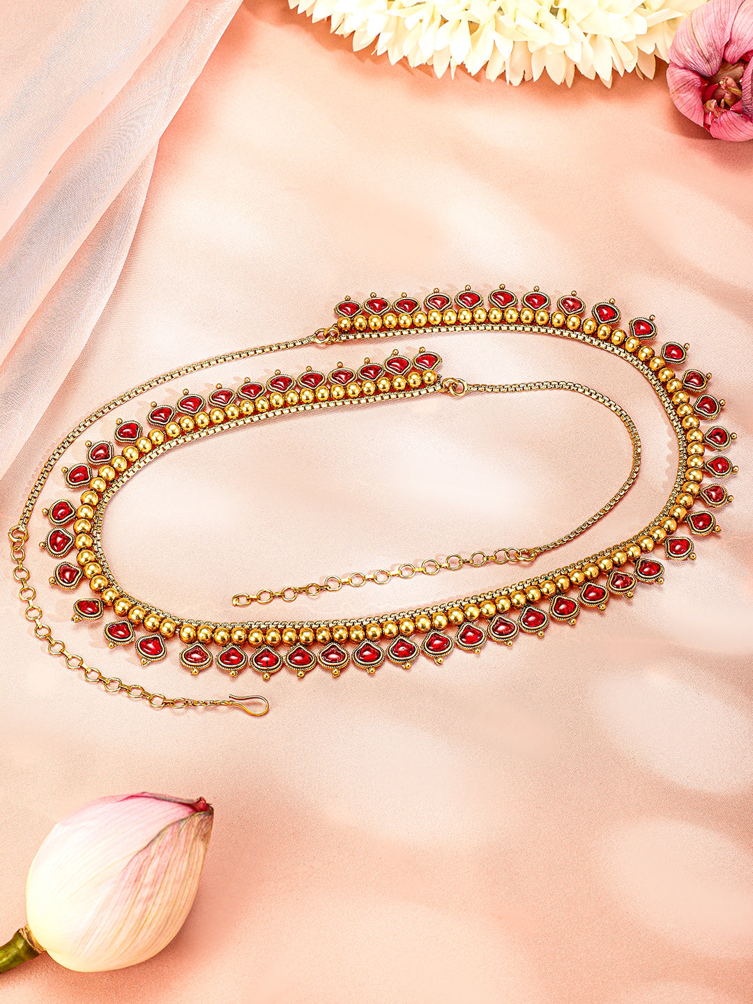 Rubans 22K Gold-Plated Ruby Red Stone Studded Handcrafted Traditional Kamarbandh Ruby Red