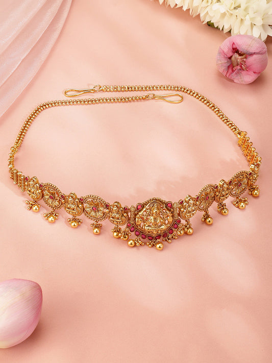 Rubans 22K Gold-Plated Ruby Red Stone Studded Goddess Lakshmi Temple Design Kamarbandh Ruby Red
