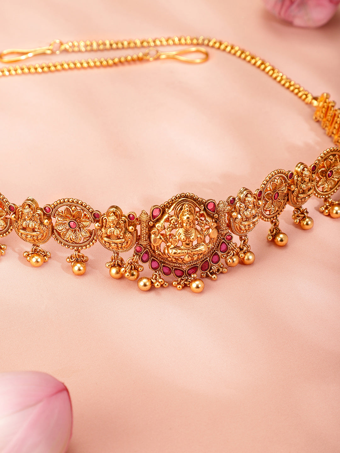 Rubans 22K Gold-Plated Ruby Red Stone Studded Goddess Lakshmi Temple Design Kamarbandh Ruby Red