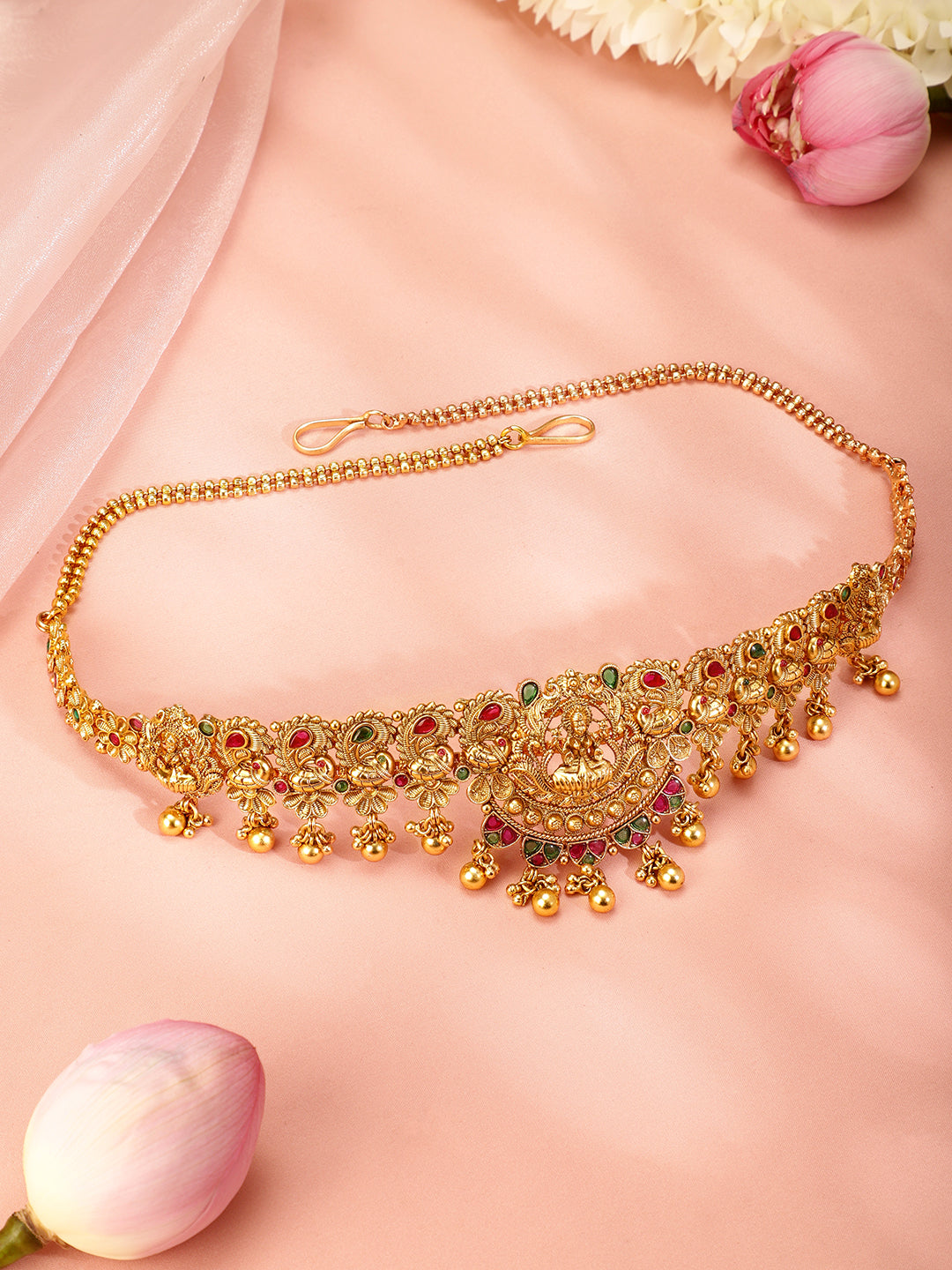 Rubans 22k Gold-Plated Ruby Pink, Emerald Green Stone Studed Handcrafted Temple Kamarbandh フリーサイズ