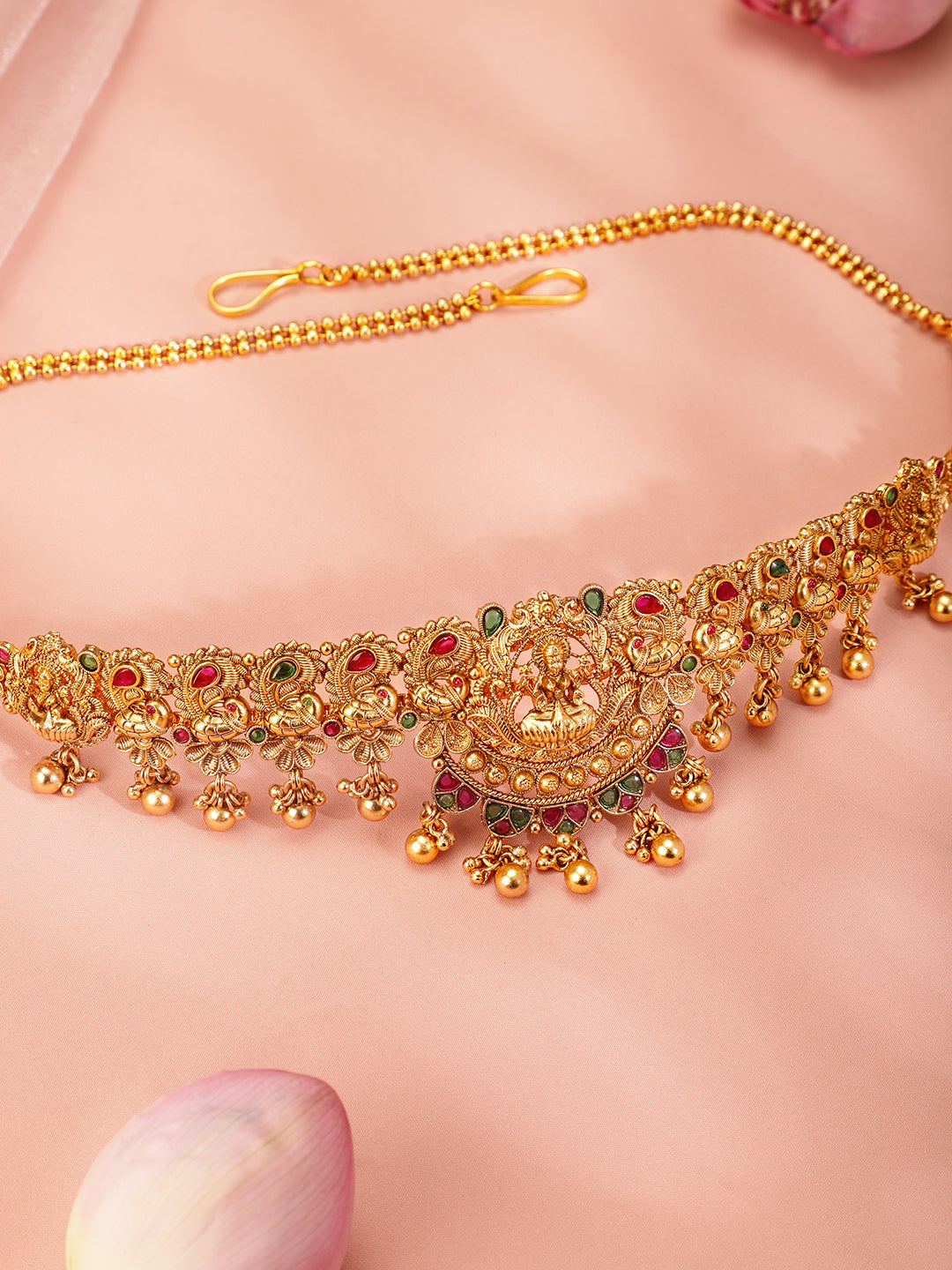 Rubans 22k Gold-Plated Ruby Pink, Emerald Green Stone Studed Handcrafted Temple Kamarbandh フリーサイズ