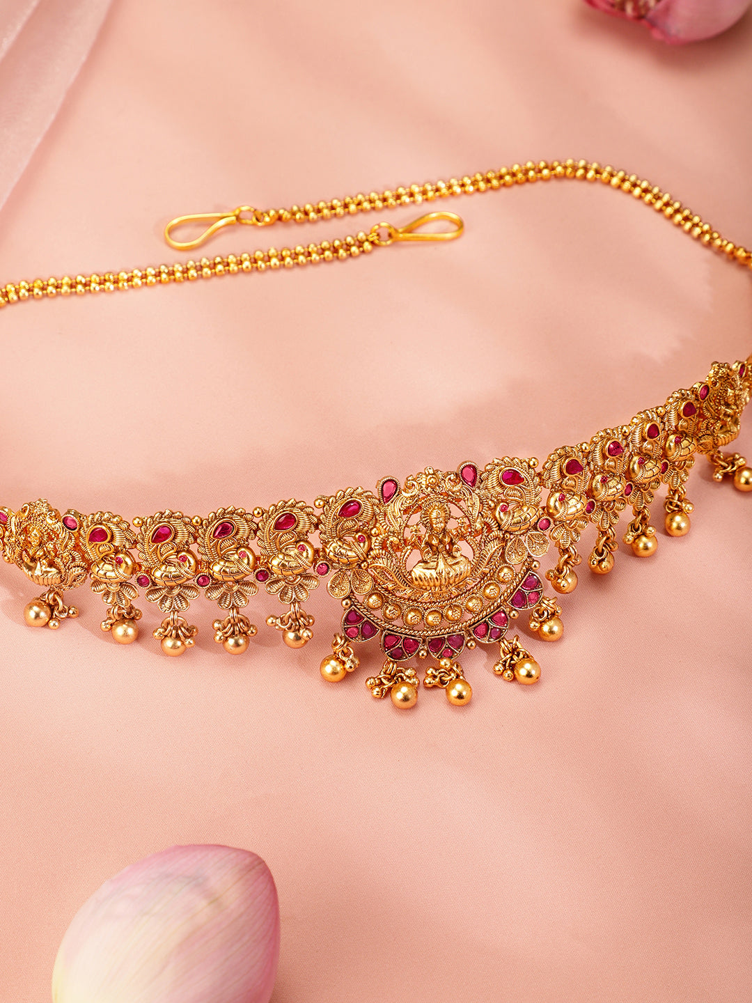 Rubans 22k Gold-Plated Ruby Pink Stone Studded Handcrafted Temple Kamarbandh Ruby Pink