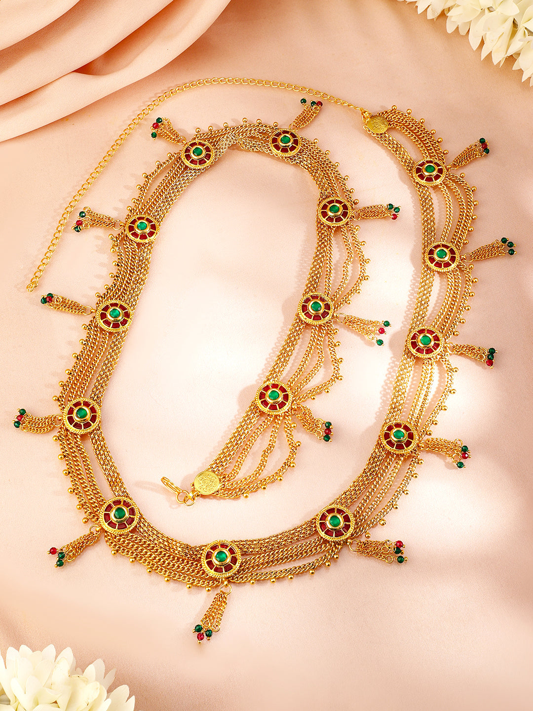 Rubans 18K Gold-Plated Waist Chain with Ruby and Emerald Accents Saree Accessories Ruby & Green