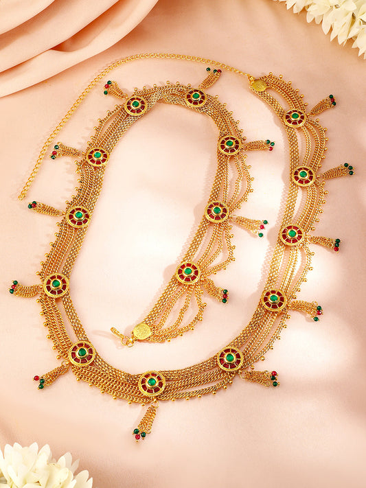 Rubans 18K Gold-Plated Waist Chain with Ruby and Emerald Accents Saree Accessories Ruby & Green