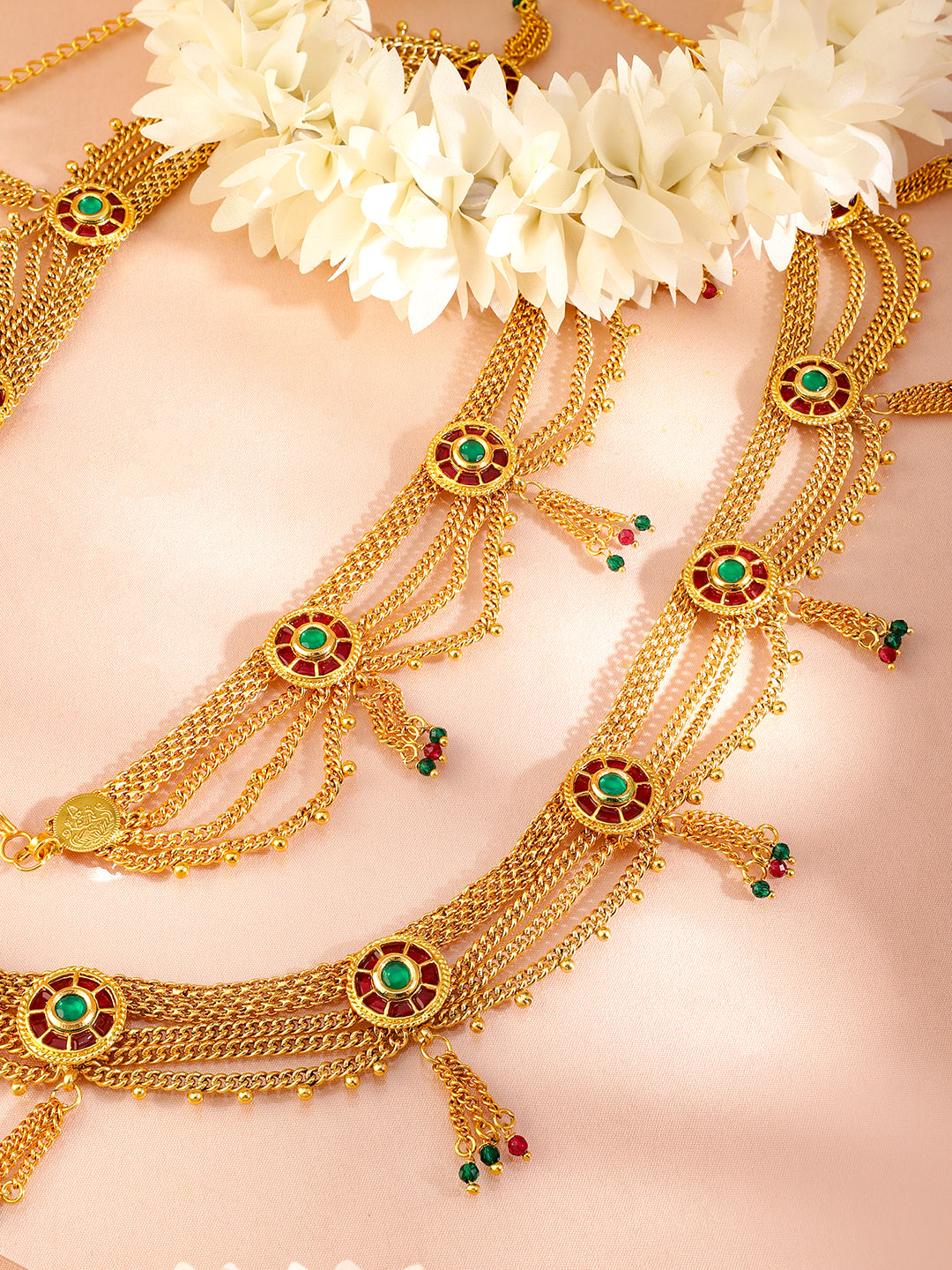 Rubans 18K Gold-Plated Waist Chain with Ruby and Emerald Accents Saree Accessories Ruby & Green