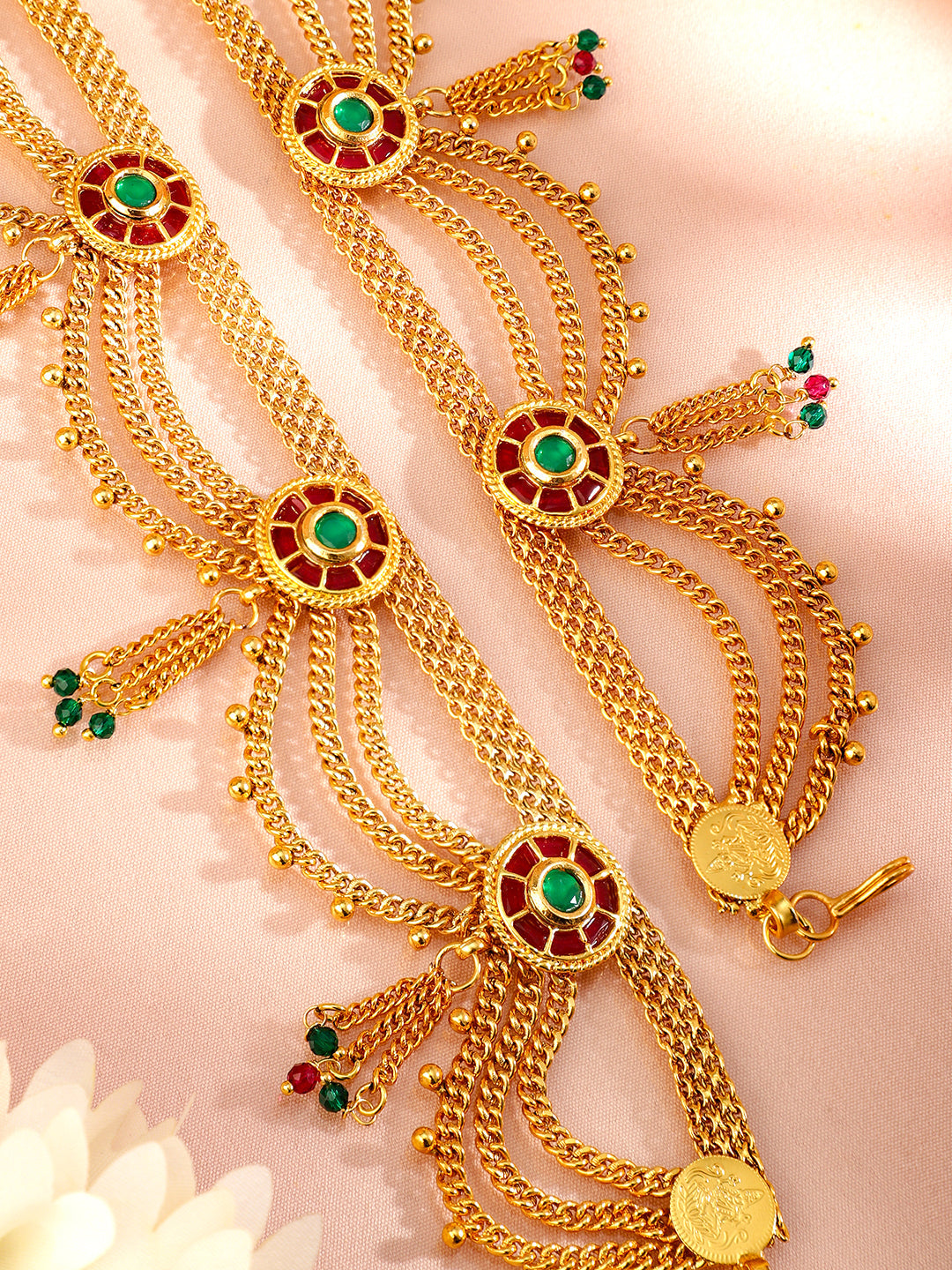 Rubans 18K Gold-Plated Waist Chain with Ruby and Emerald Accents Saree Accessories Ruby & Green