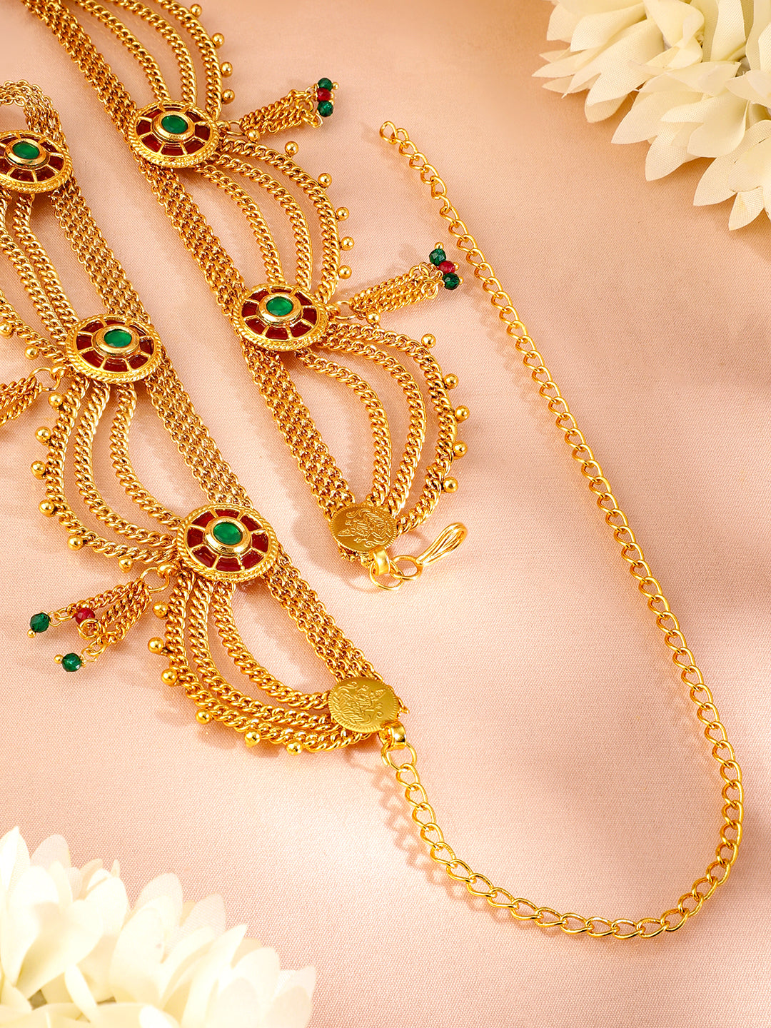 Rubans 18K Gold-Plated Waist Chain with Ruby and Emerald Accents Saree Accessories Ruby & Green