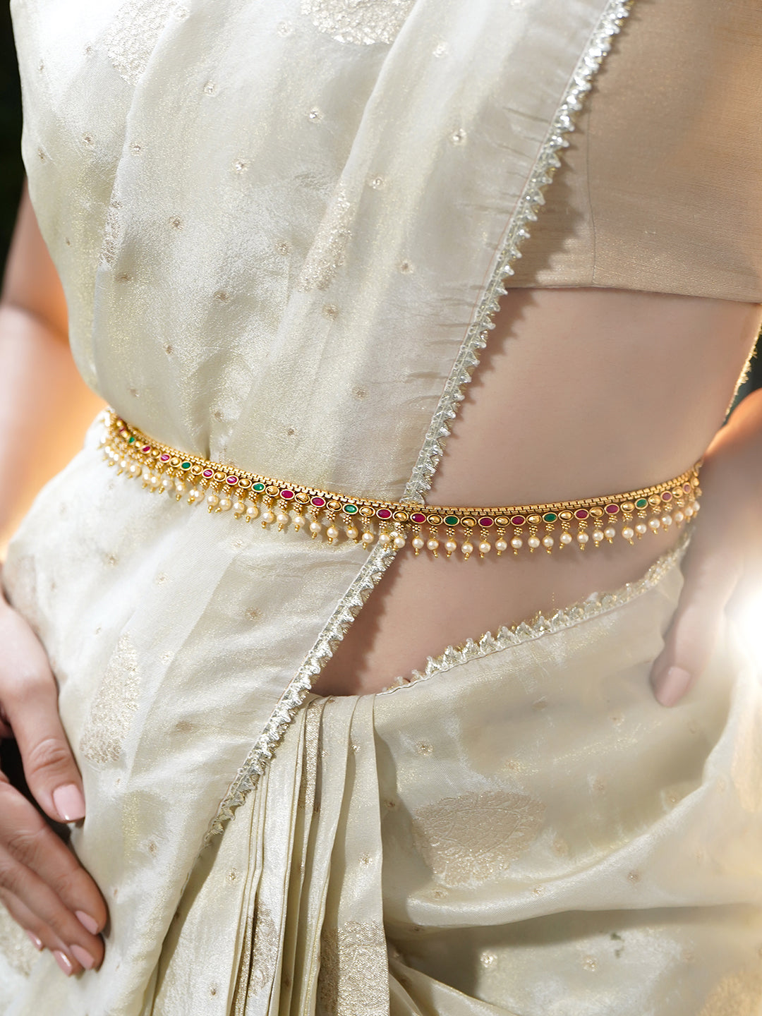 Rubans 22K Gold-Plated Waist Chain Kamarbandh with Ruby Emerald & CZ Stones and Pearls フリーサイズ