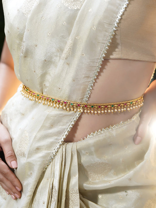 Rubans 22K Gold-Plated Waist Chain Kamarbandh with Ruby Emerald & CZ Stones and Pearls フリーサイズ