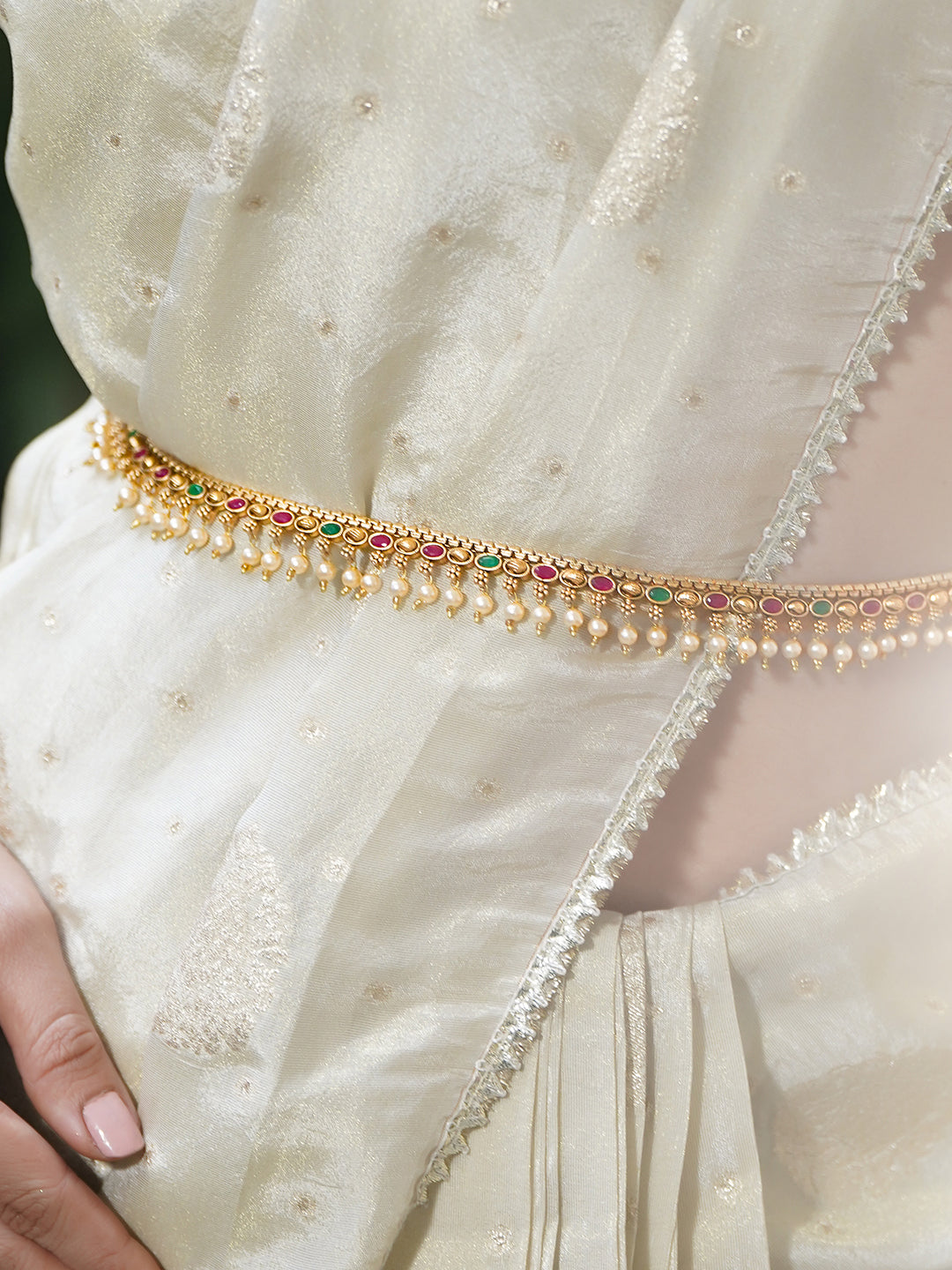 Rubans 22K Gold-Plated Waist Chain Kamarbandh with Ruby Emerald & CZ Stones and Pearls フリーサイズ