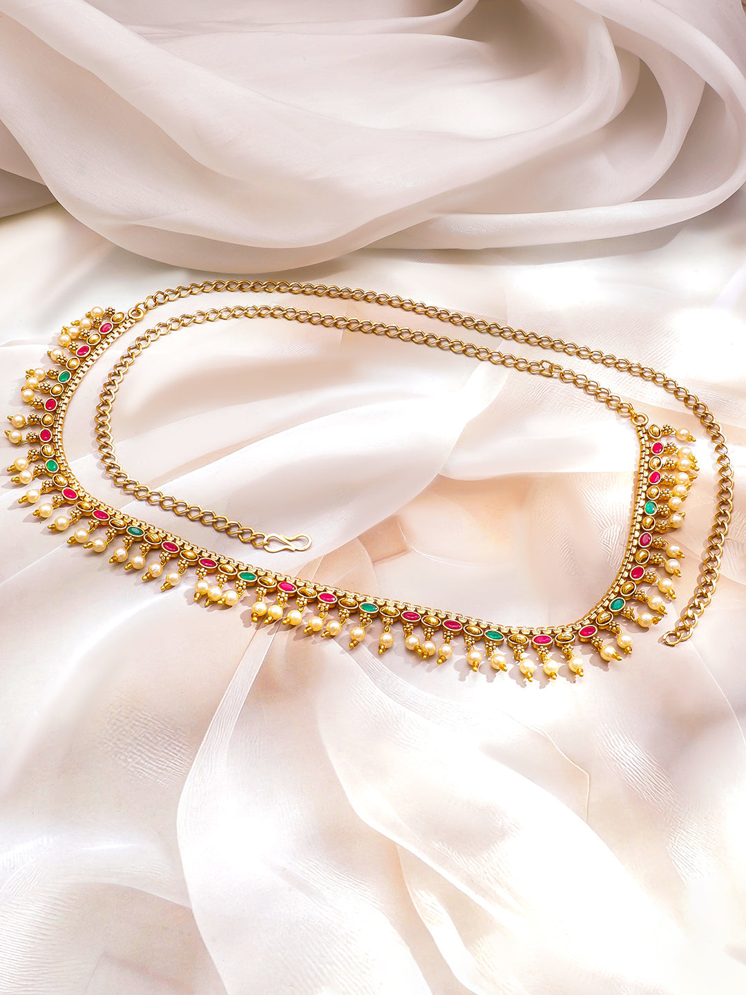 Rubans 22K Gold-Plated Waist Chain Kamarbandh with Ruby Emerald & CZ Stones and Pearls フリーサイズ