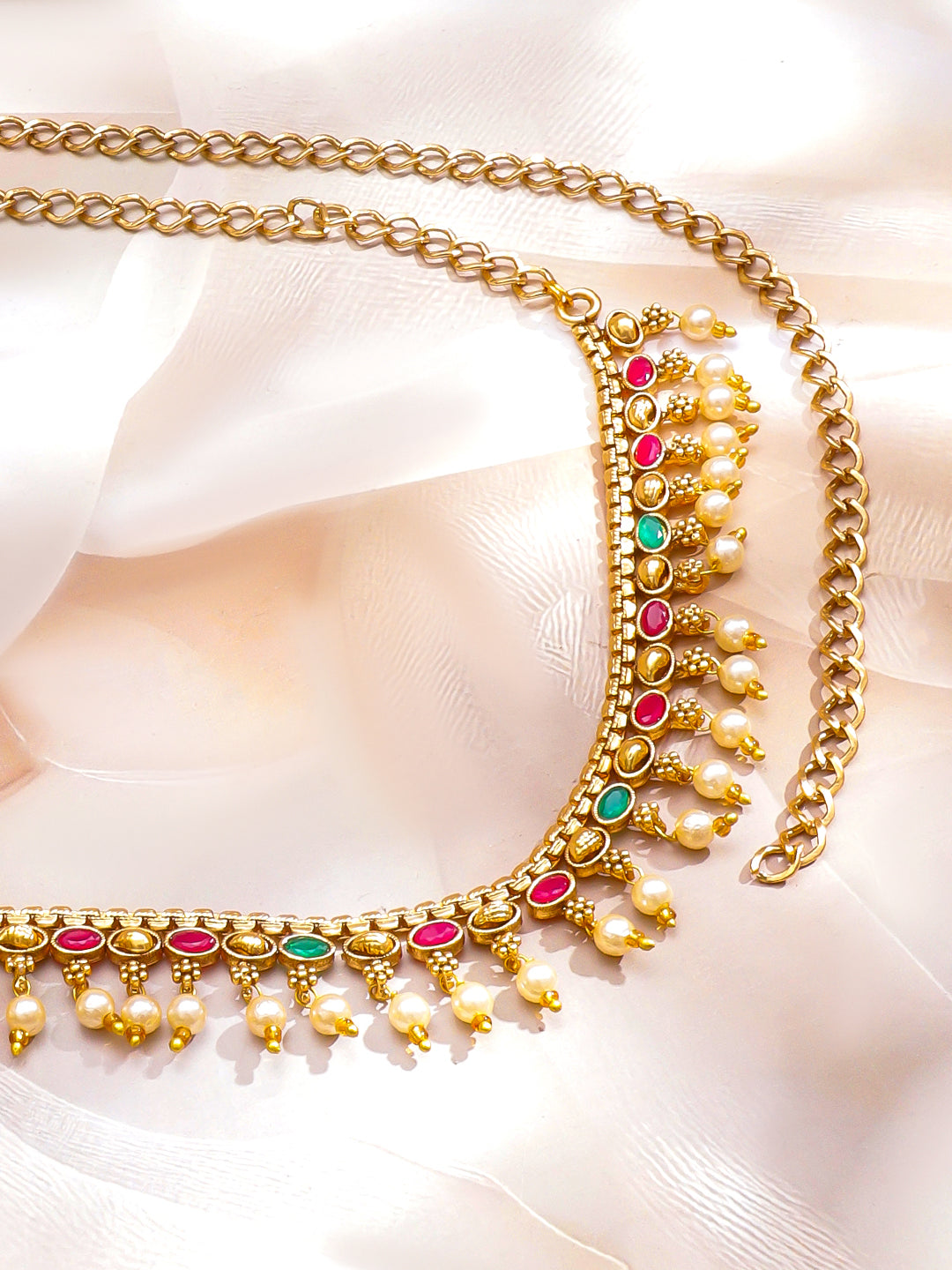 Rubans 22K Gold-Plated Waist Chain Kamarbandh with Ruby Emerald & CZ Stones and Pearls フリーサイズ