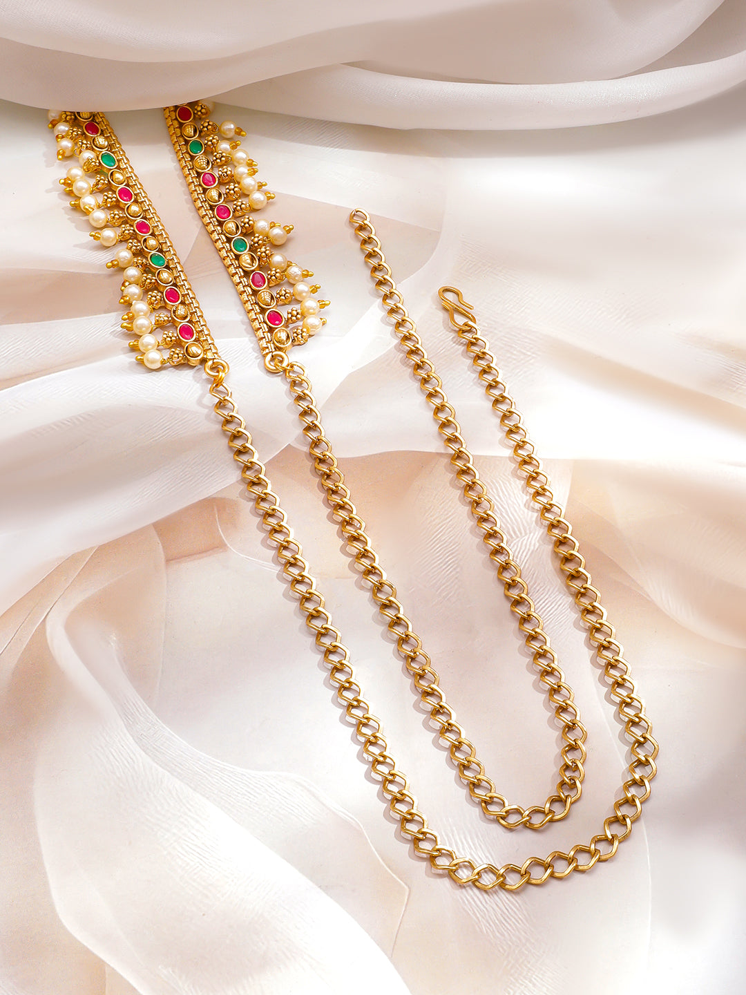 Rubans 22K Gold-Plated Waist Chain Kamarbandh with Ruby Emerald & CZ Stones and Pearls フリーサイズ