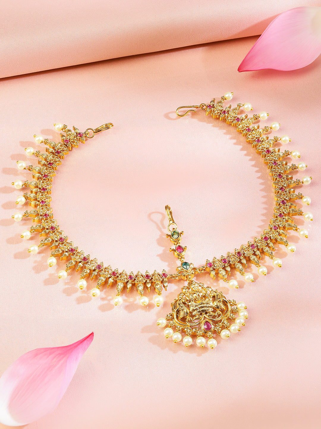 Rubans 22K Gold-Plated Lakshmi Motif Ruby Red & Emerald Green Stone & Pearl Beaded Traditional Bridal Matha Patti Gold
