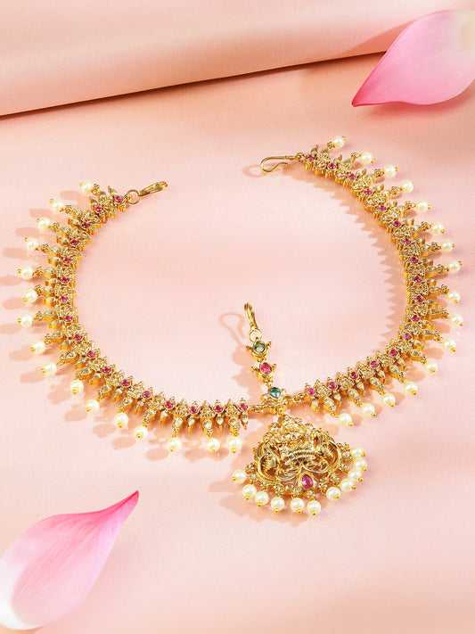 Rubans 22K Gold-Plated Lakshmi Motif Ruby Red & Emerald Green Stone & Pearl Beaded Traditional Bridal Matha Patti Gold