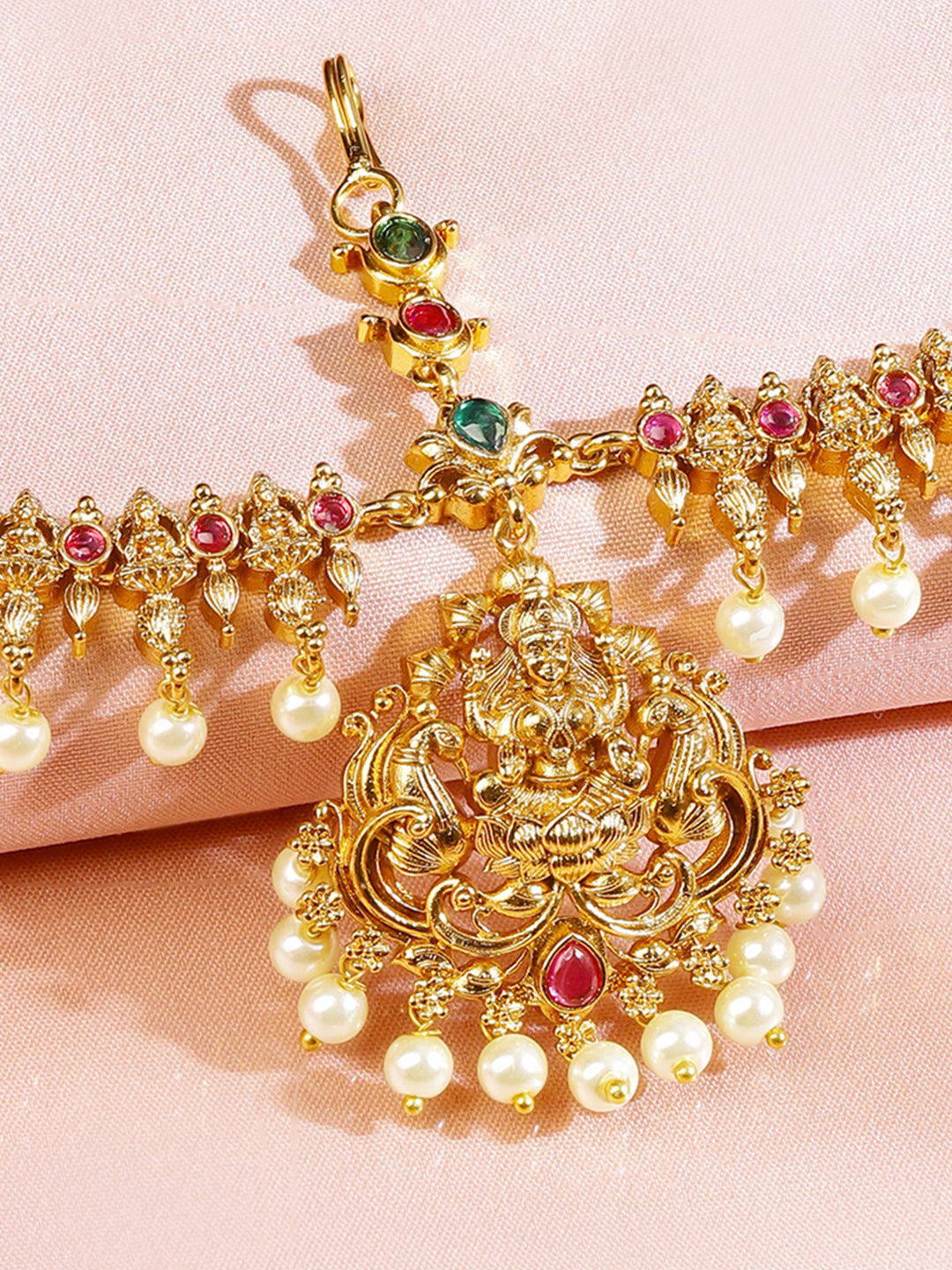 Rubans 22K Gold-Plated Lakshmi Motif Ruby Red & Emerald Green Stone & Pearl Beaded Traditional Bridal Matha Patti Gold