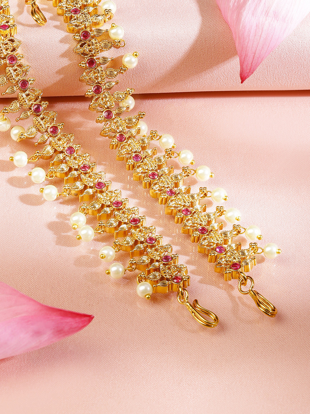 Rubans 22K Gold-Plated Lakshmi Motif Ruby Red & Emerald Green Stone & Pearl Beaded Traditional Bridal Matha Patti Gold