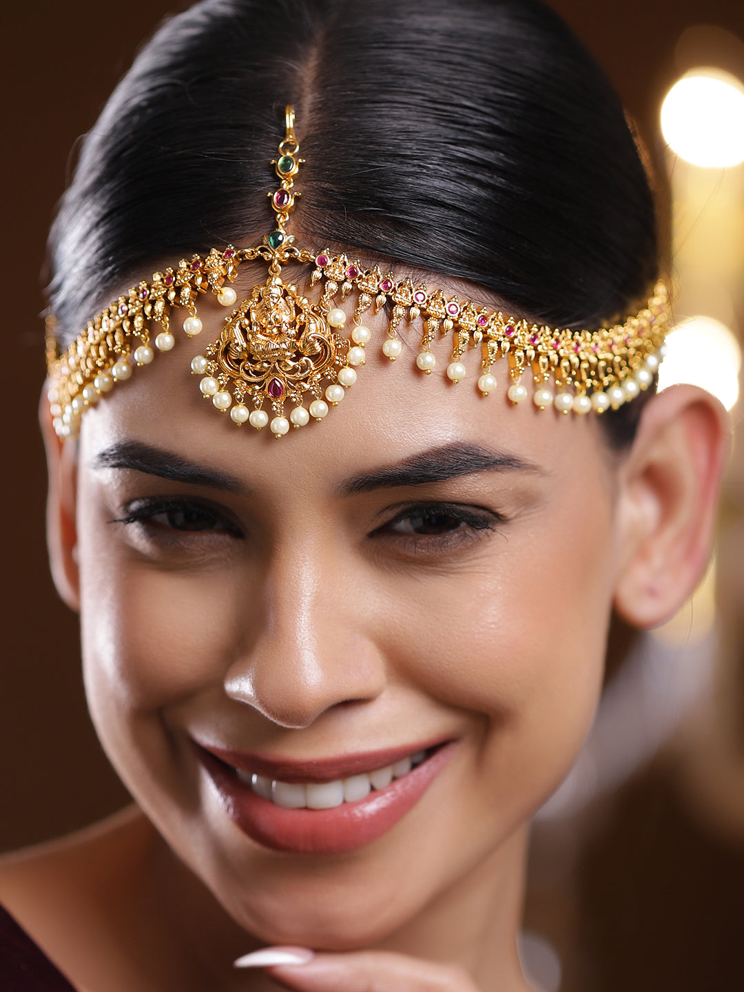 Rubans 22K Gold-Plated Lakshmi Motif Ruby Red & Emerald Green Stone & Pearl Beaded Traditional Bridal Matha Patti Gold