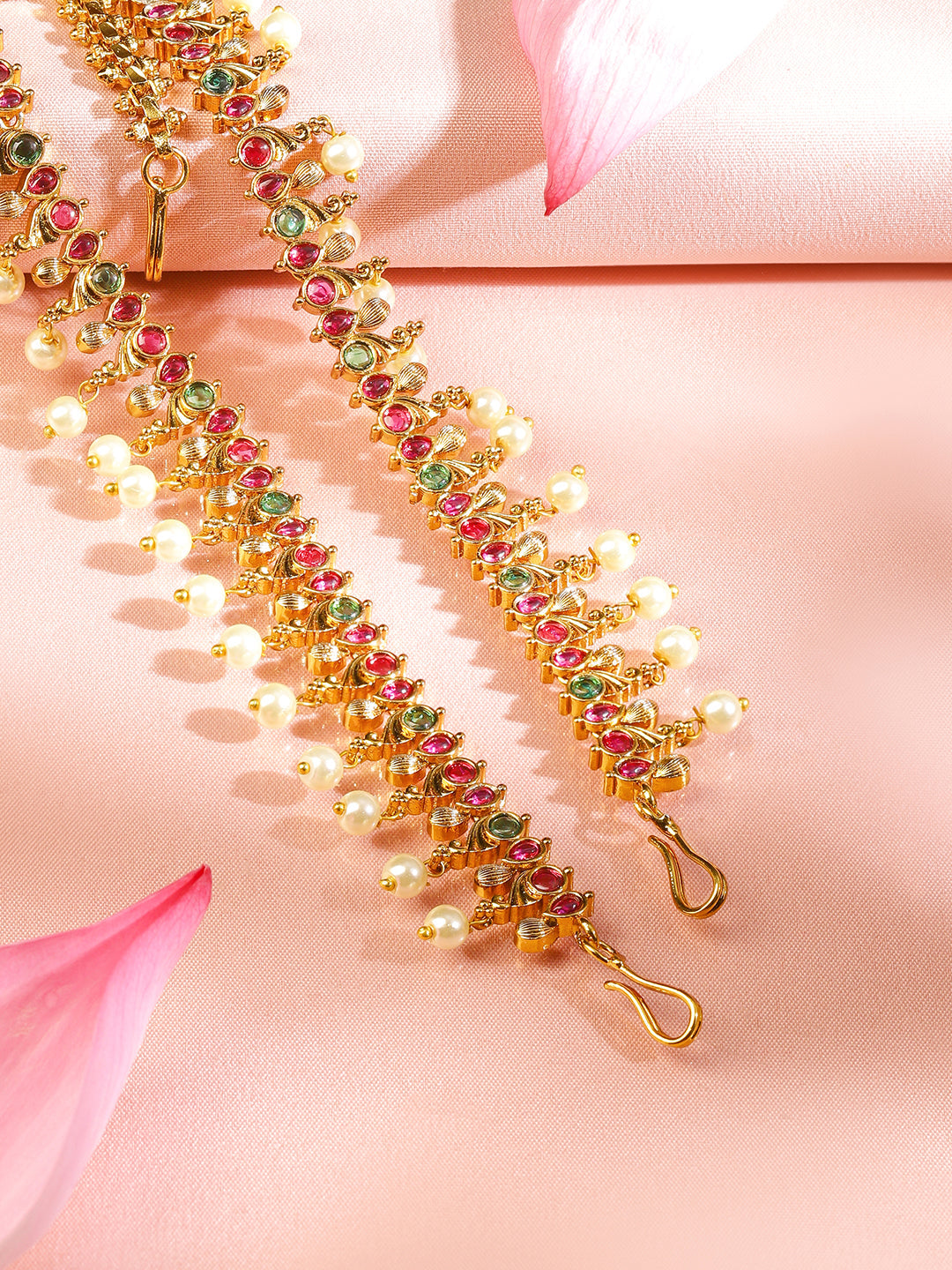 Rubans 22K Gold-Plated Traditional Ruby Green Stone & Pearl Beaded Bridal Matha Patti Gold
