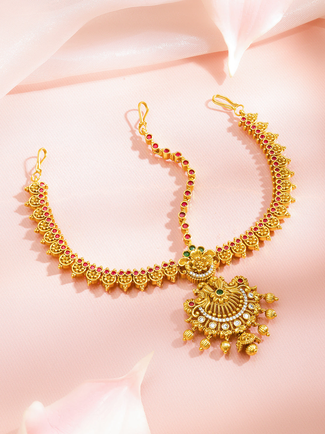 Red Studded Gold Toned Mathapatti フリーサイズ