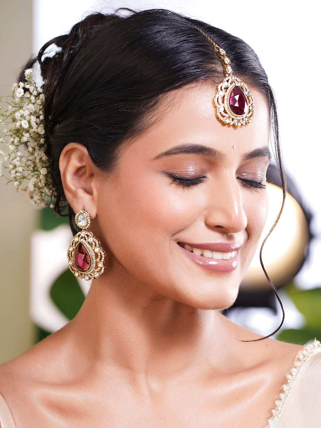 Gold Plated Brass Ruby Pink Cubic Zirconia Maangtikka & Earrings Set フリーサイズ