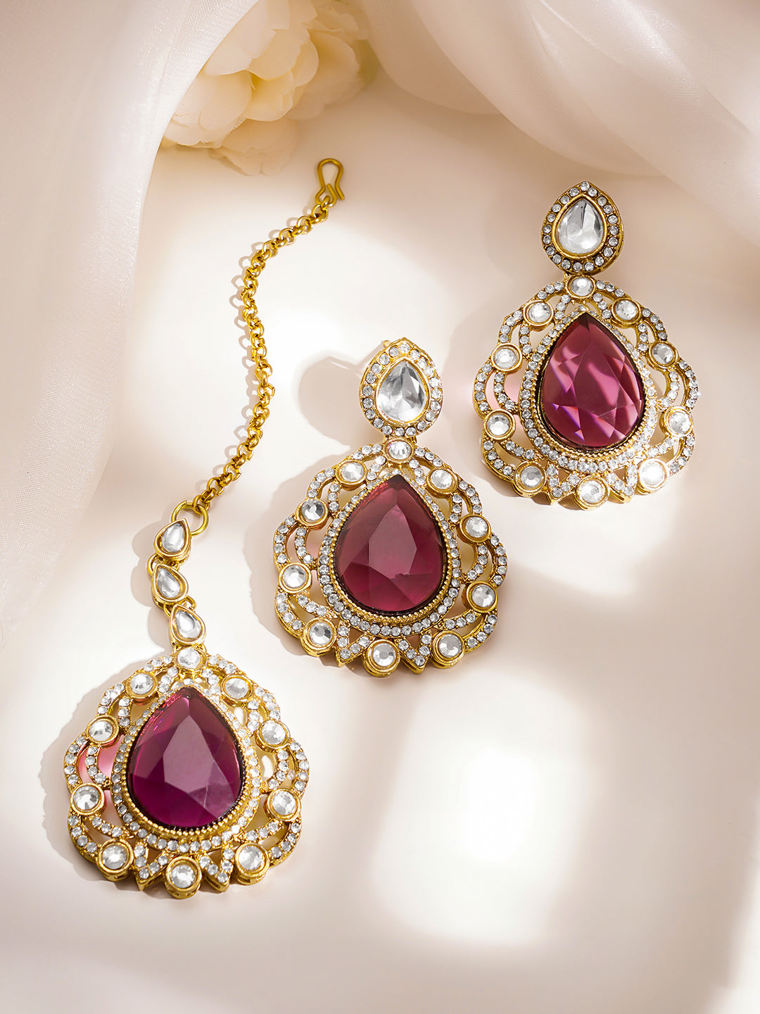 Gold Plated Brass Ruby Pink Cubic Zirconia Maangtikka & Earrings Set フリーサイズ