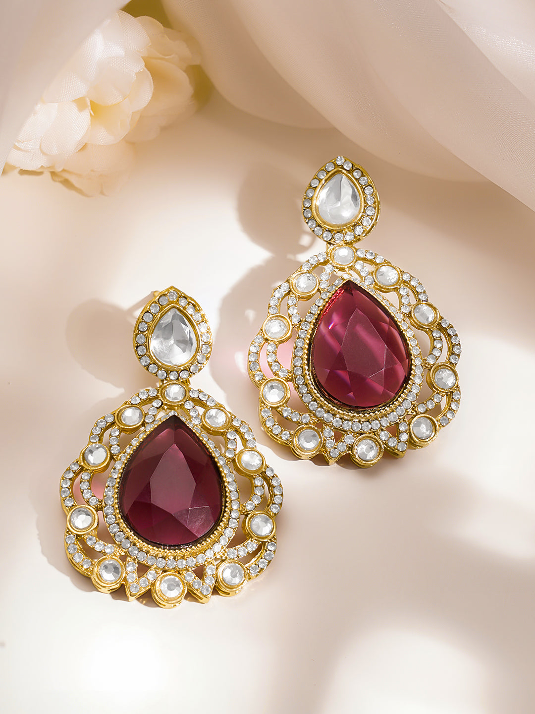 Gold Plated Brass Ruby Pink Cubic Zirconia Maangtikka & Earrings Set フリーサイズ
