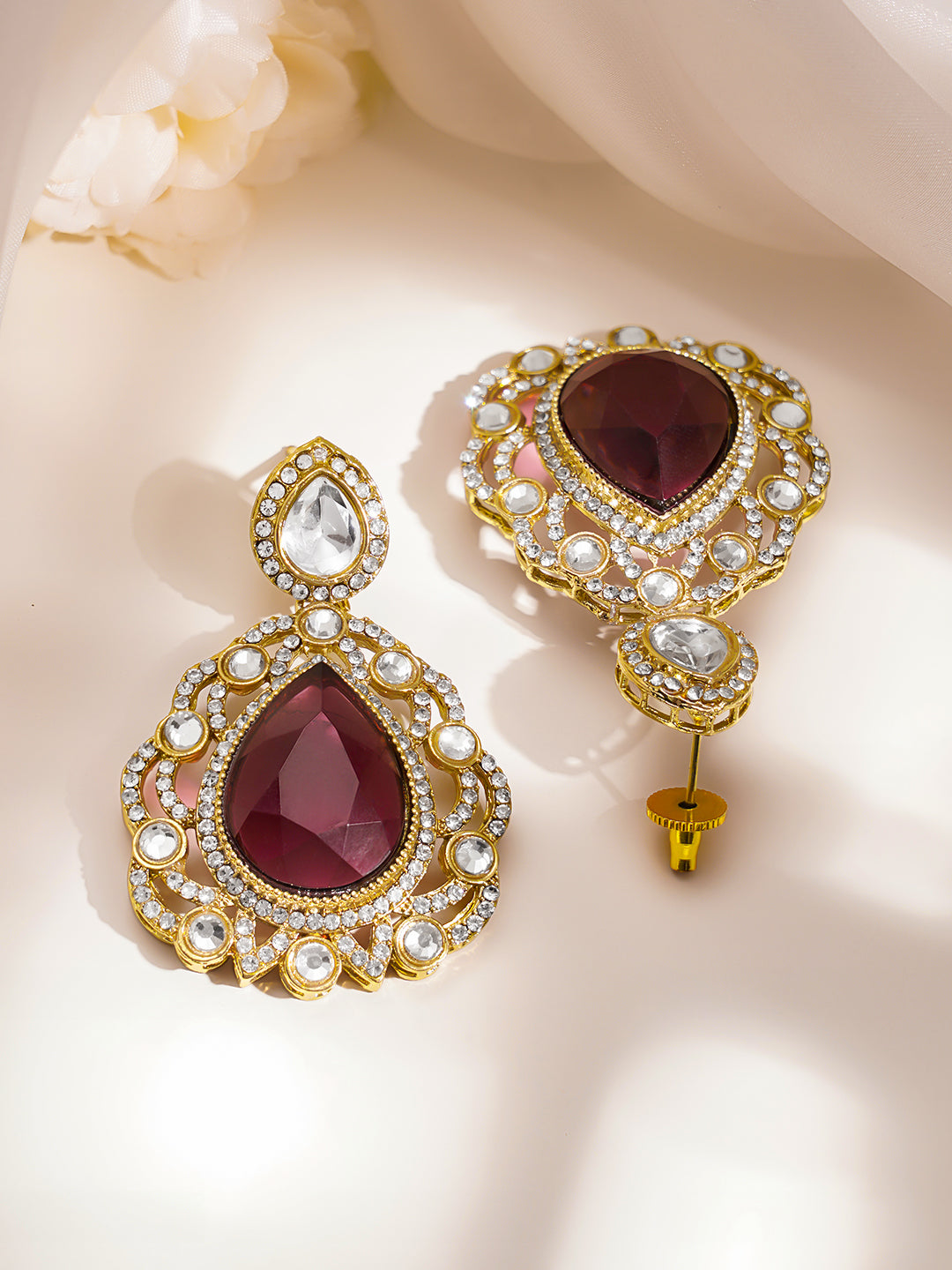 Gold Plated Brass Ruby Pink Cubic Zirconia Maangtikka & Earrings Set フリーサイズ