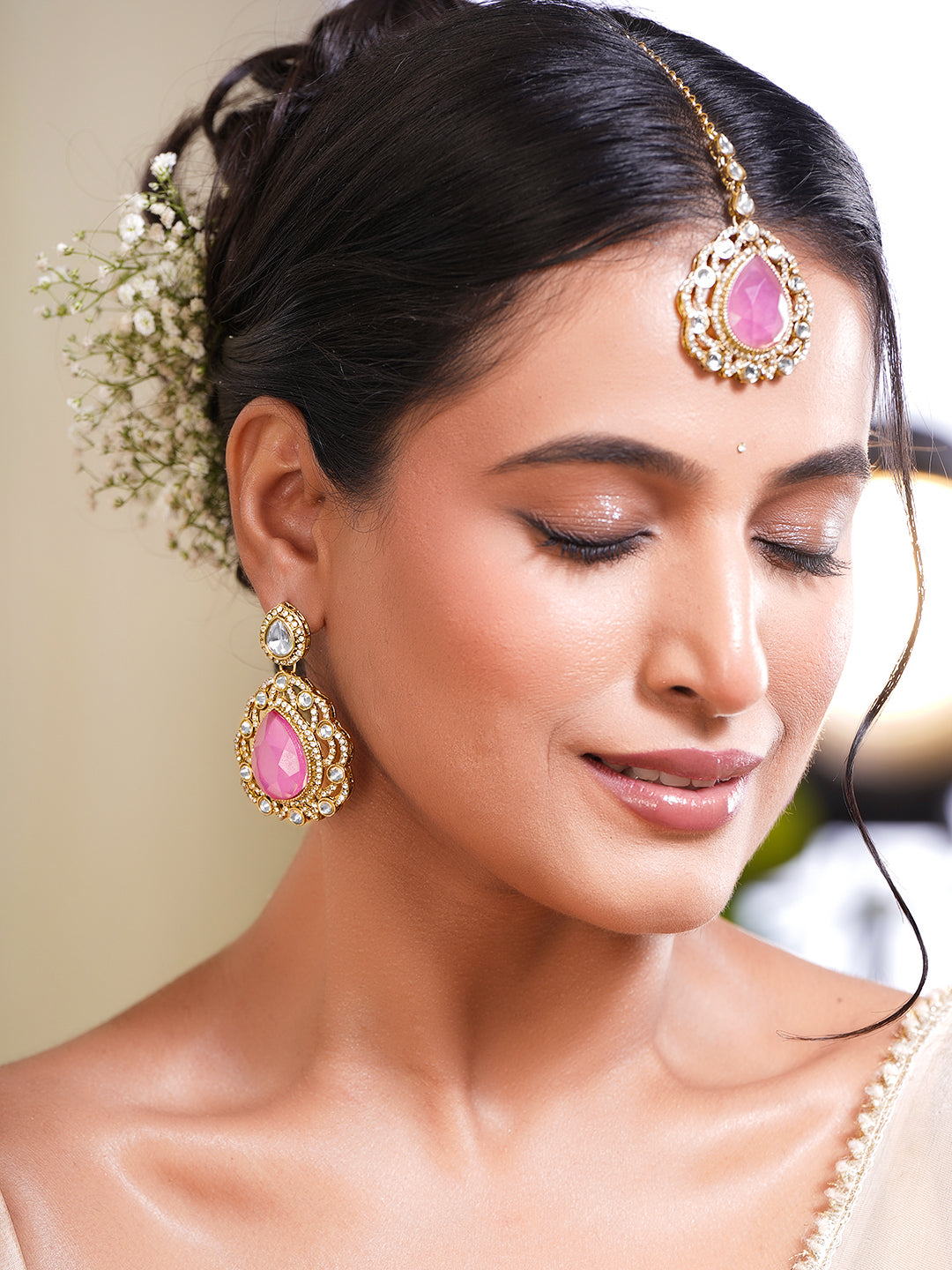 Gold Plated Brass Pink Cubic Zirconia Maangtikka & Earrings Set フリーサイズ