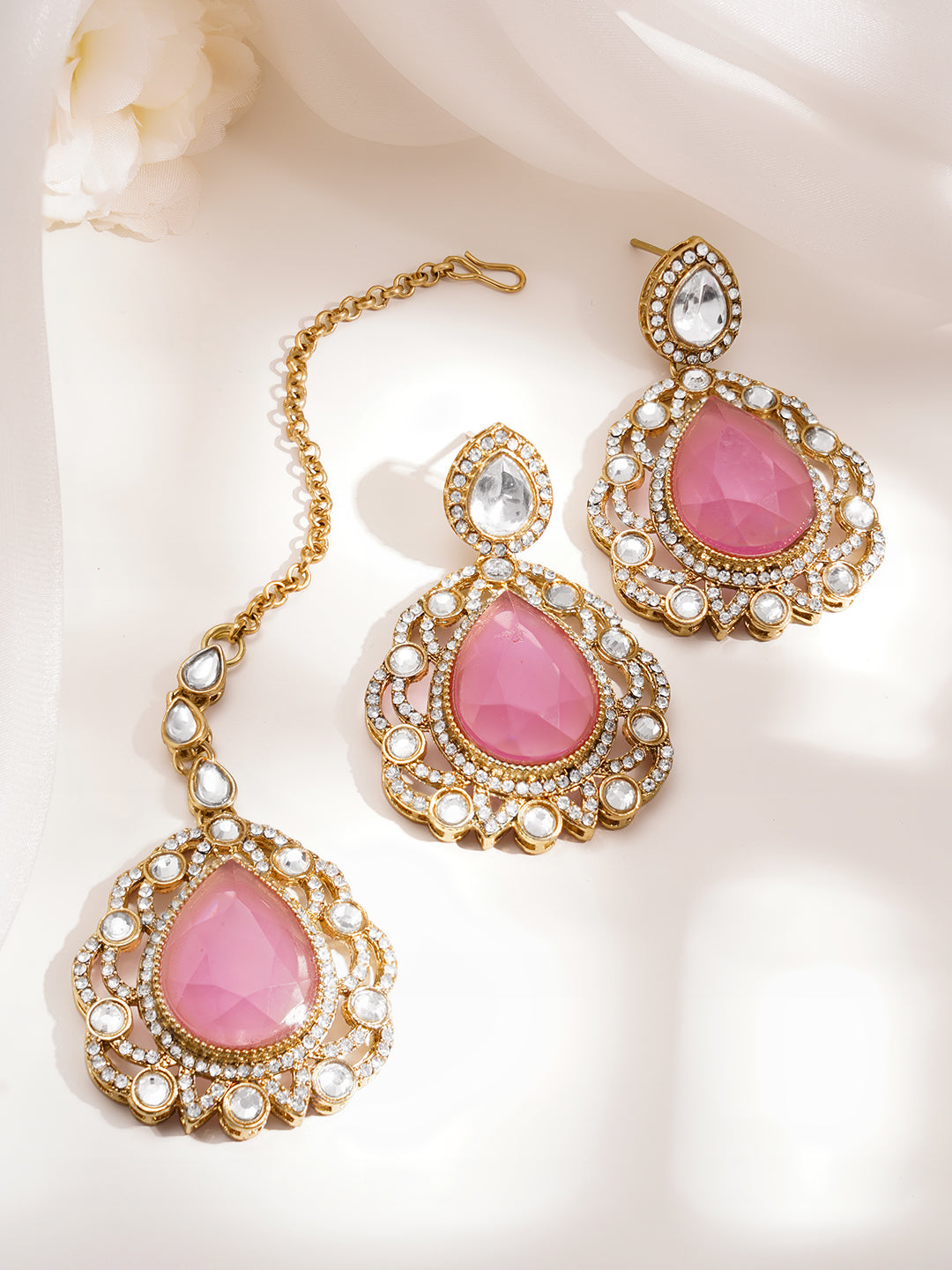 Gold Plated Brass Pink Cubic Zirconia Maangtikka & Earrings Set フリーサイズ