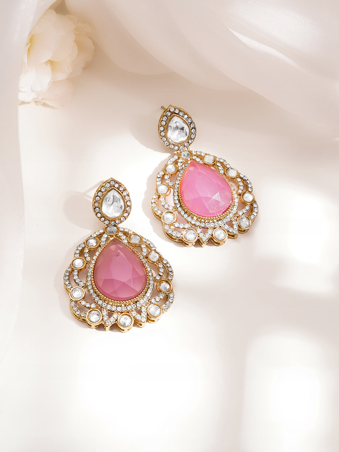 Gold Plated Brass Pink Cubic Zirconia Maangtikka & Earrings Set フリーサイズ
