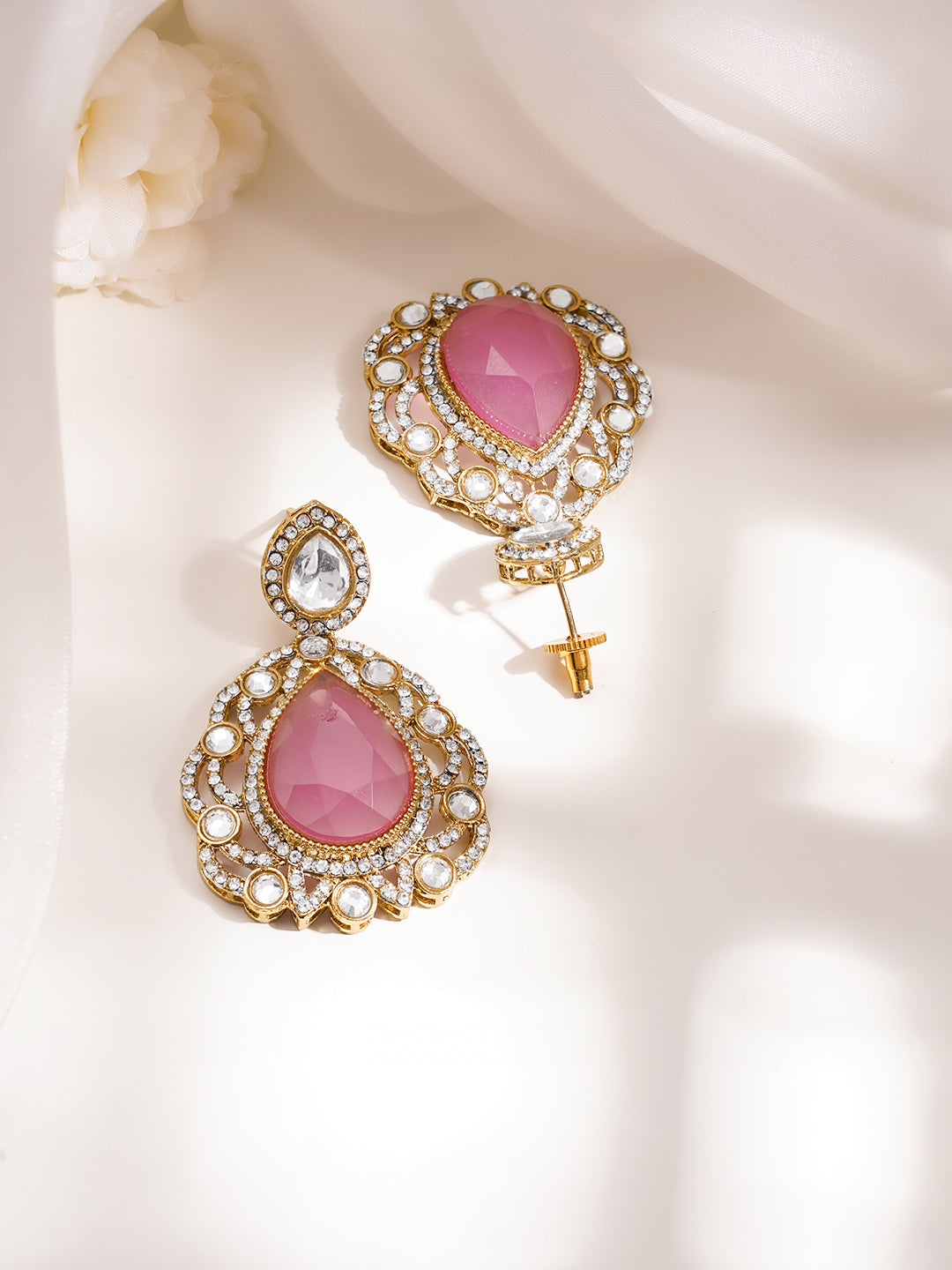 Gold Plated Brass Pink Cubic Zirconia Maangtikka & Earrings Set フリーサイズ