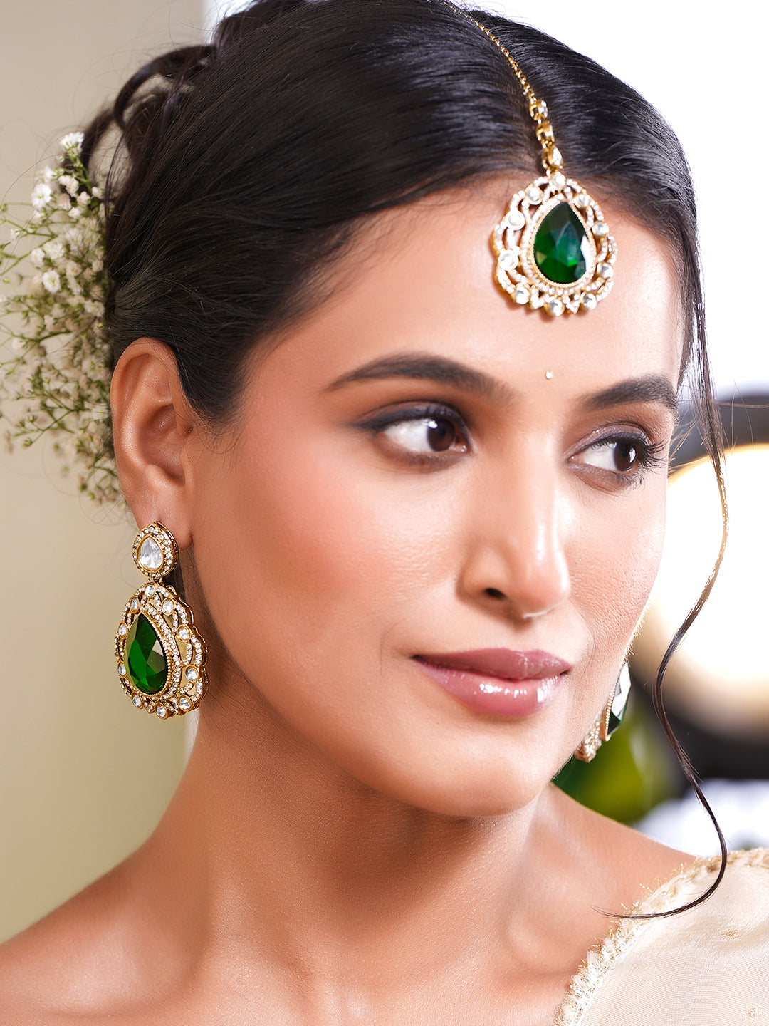 Gold Plated Emerald Green Cubic Zirconia Maangtikka & Earrings Set フリーサイズ