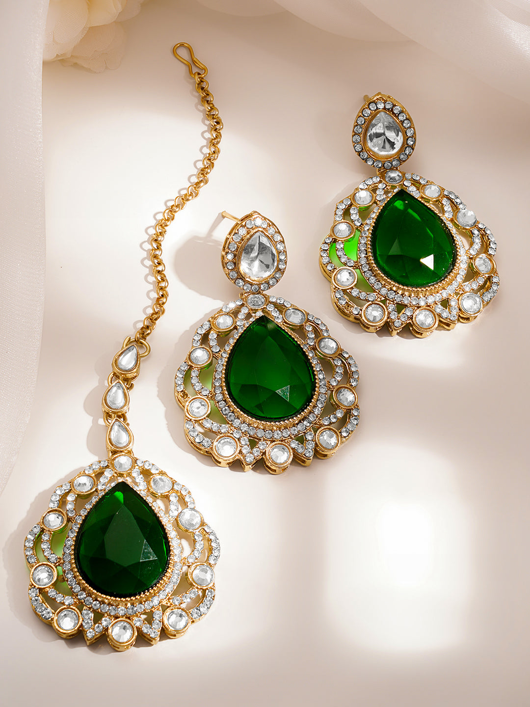 Gold Plated Emerald Green Cubic Zirconia Maangtikka & Earrings Set フリーサイズ