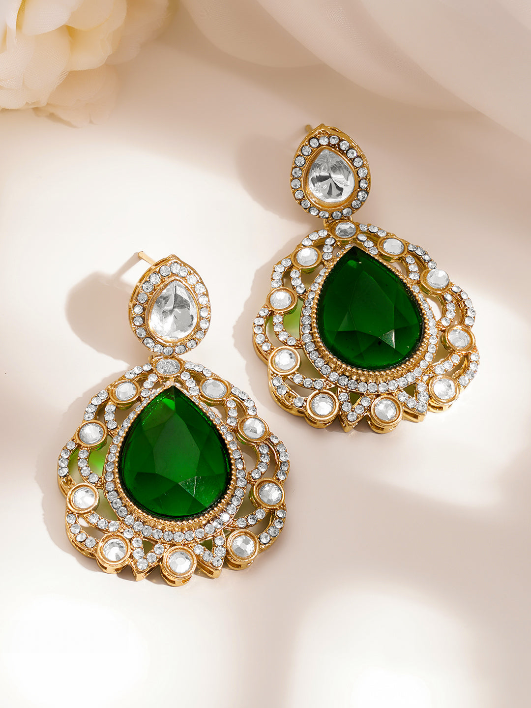 Gold Plated Emerald Green Cubic Zirconia Maangtikka & Earrings Set フリーサイズ