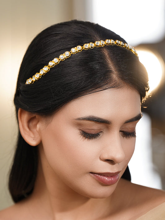 White Studded Gold Toned Kundan Mathapatti フリーサイズ