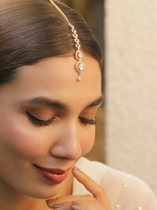 Rubans 22KT Gold-Plated Cubic Zirconia & American Diamond Maang Tikka Head Jewellery Gold