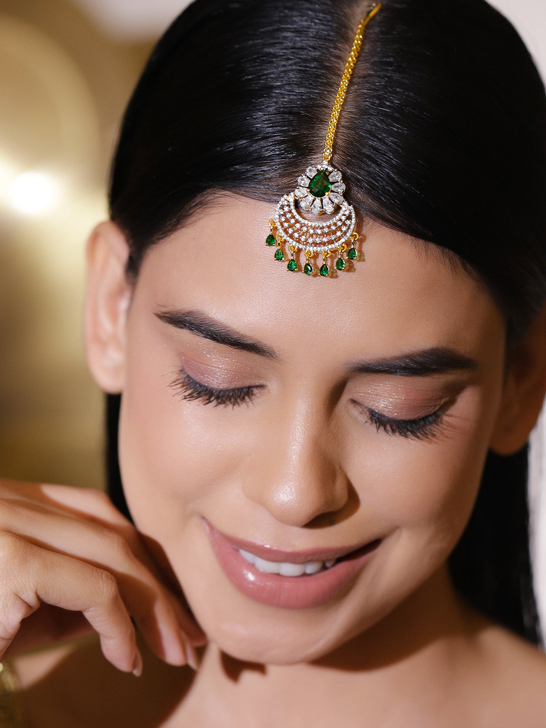 Green American Diamond Zirconia Maangtikka フリーサイズ