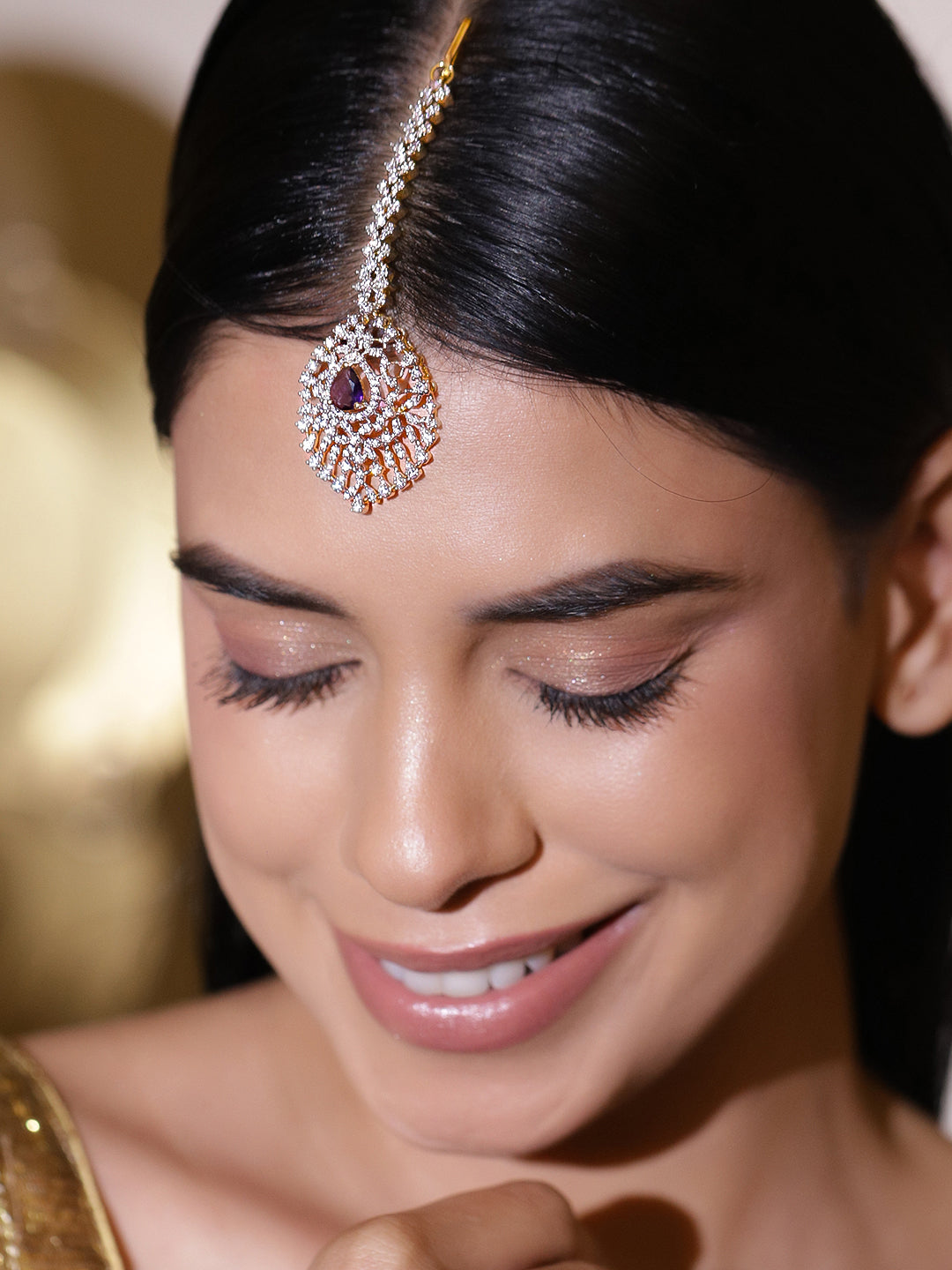 Green Studded American Diamond Zirconia Maangtikka フリーサイズ