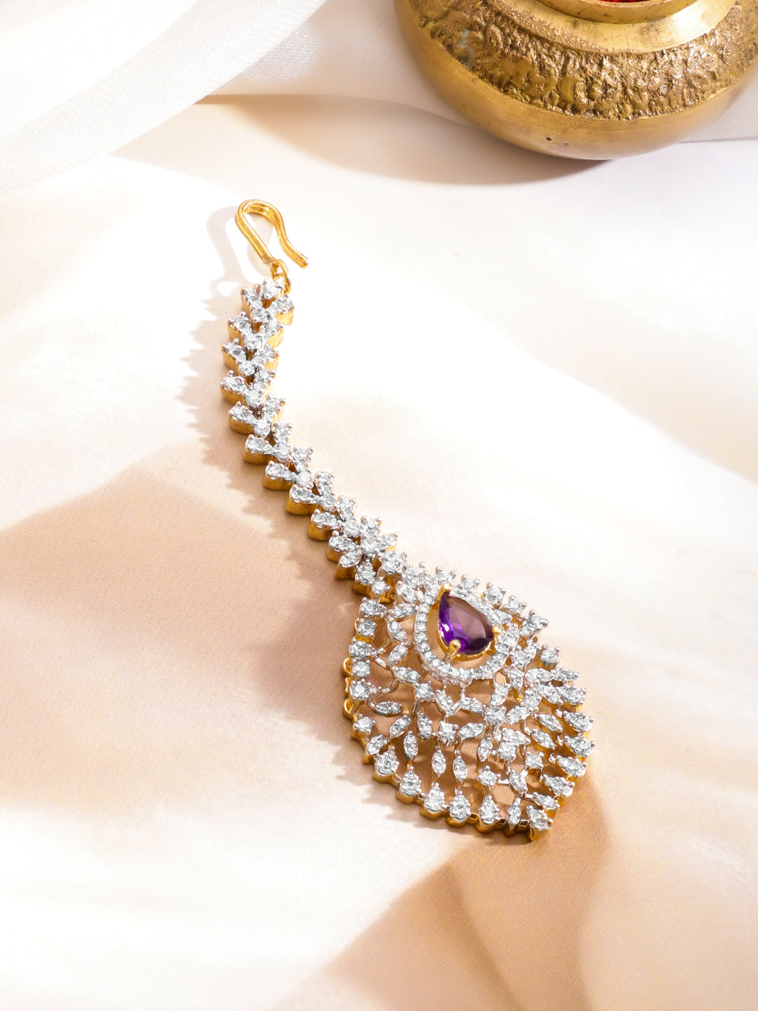 Green Studded American Diamond Zirconia Maangtikka フリーサイズ