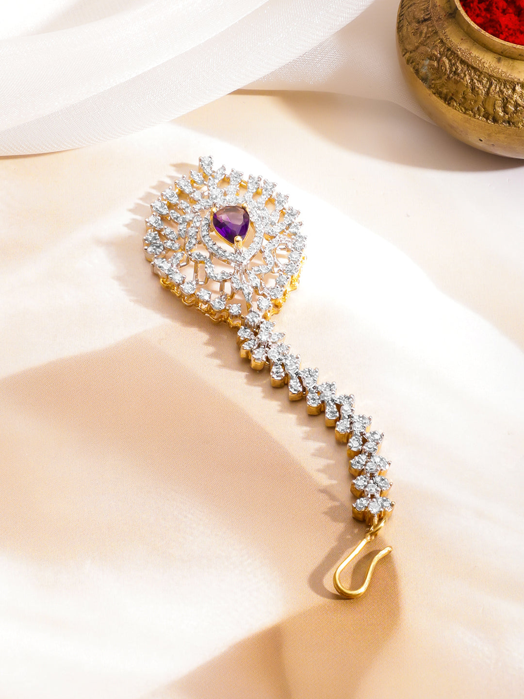Green Studded American Diamond Zirconia Maangtikka フリーサイズ