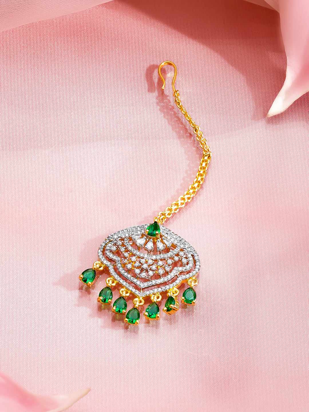 American Diamond Zirconia Green Maangtikka フリーサイズ