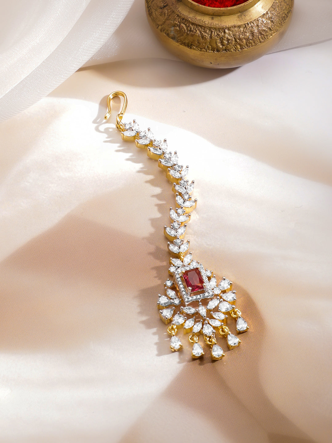 American Diamond Zirconia Red Studded Maangtikka フリーサイズ