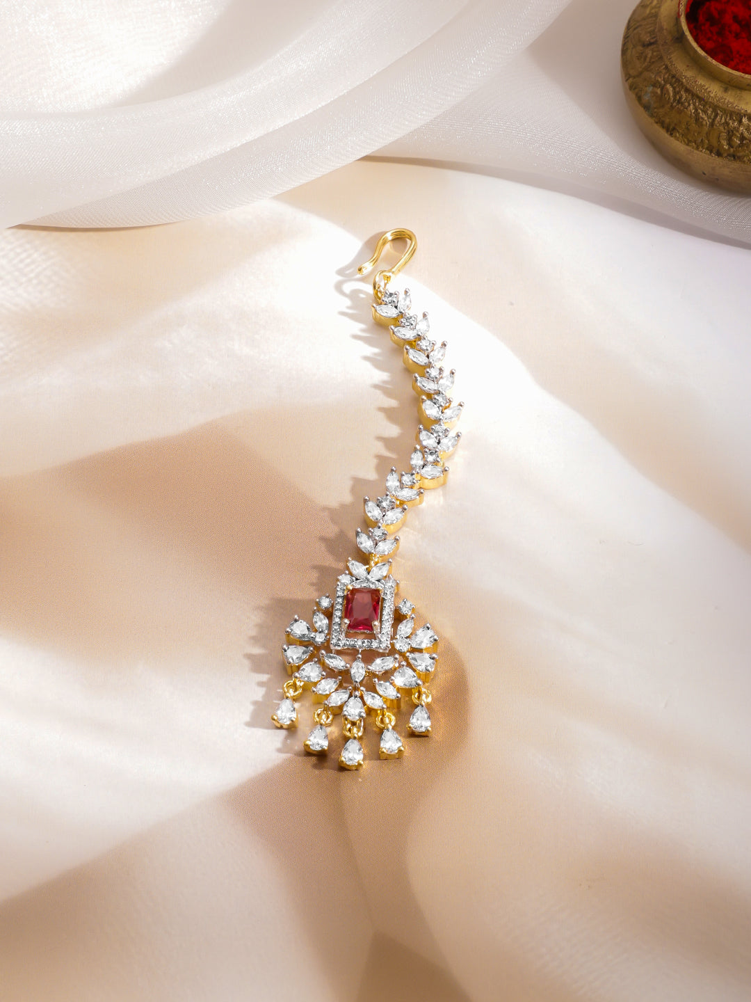 American Diamond Zirconia Red Studded Maangtikka フリーサイズ