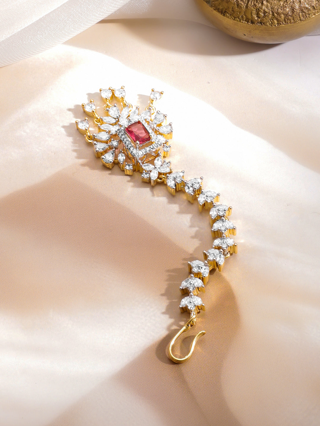 American Diamond Zirconia Red Studded Maangtikka フリーサイズ